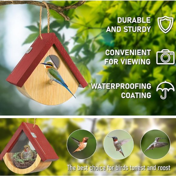 2 pk - Hummingbird Houses w/ Viewing Window - Red Roof Wooden Birdhouses - Picture 7 of 8